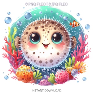 以下が含まれることがあります： 大きな青い目をした可愛いフグのデジタルイラスト。サンゴと泡に囲まれています。フグは笑顔で、ターコイズブルーの背景に配置されています。画像には「6 PNG FILES | 6 JPG FILES」と「3600 X 3600PX ~ 30.5cm X 30.5cm INCHES 300DPI」と表示されています。