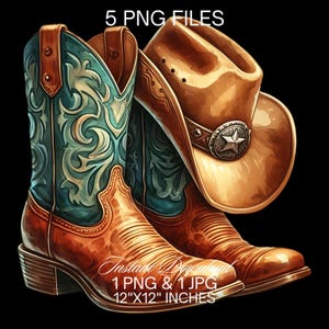 Watercolor Cowboy Boots & Hat Clipart: Rodeo Sublimation Designs