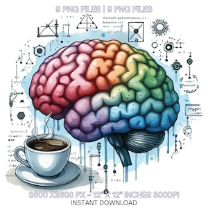 Clipart software-engineering | Hersenen vol codes en omringd door programmeerscripts, koffiekopje | Sublimatie 9 JPG-PNG Commercieel gebruik