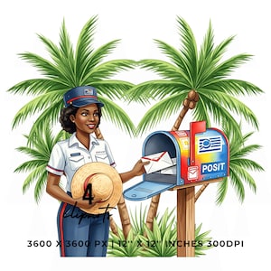 Mail Carrier Summer Uniform Clipart | Tropical Mailman Post Office Art | 4 PNG & 4 JPG Sublimation Design | 12"x12" 300DPI Commercial Use