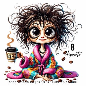 8 Crazy Coffee Woman in Pijama PNG Clipart | Funny Coffee Lady | Cute Morning Girl Cartoon | Grumpy Asian Woman Sublimation Commercial Use