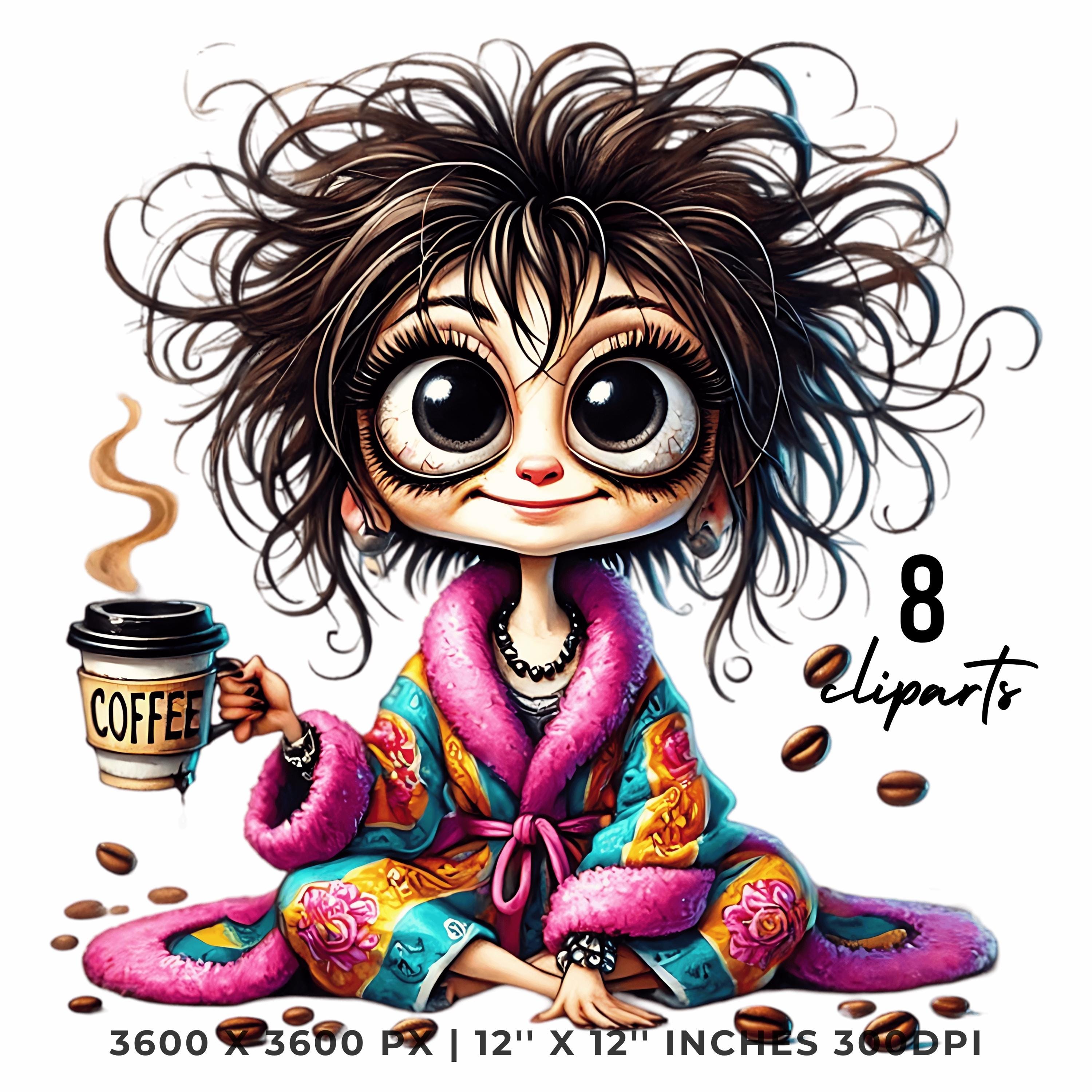 Coffee Woman PNG Clipart: Funny Grumpy Girl Cartoon (Commercial Use)