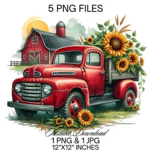 Rustic Red Truck & Sunflower PNG Clipart: Farm Barn (Digital Download)