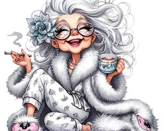 22 Elegant Crazy Grandma Day by Day PNG Clipart | Funny Old Elegant Lady Cute Cartoon White Grandma | Happy Woman Sublimation Commercial Use