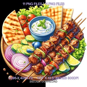 11 Illustration de cuisine grecque PNG | Clipart transparent de nourriture aquarelle | Salade grecque, souvlaki, gyroscope, nourriture tzatziki JPG PNG Utilisation commerciale