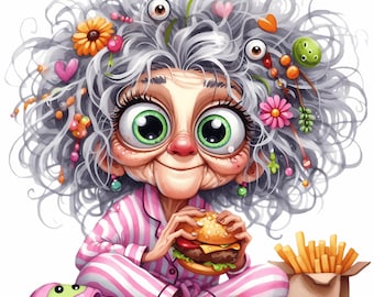 Funny Grandma Eating Burger PNG Clipart: Cartoon Old Lady (Digital Download)