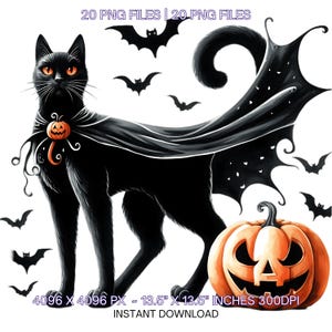 20 Halloween Cat PNG | Halloween Cat Clipart Bundle | Watercolor Spooky Cats Art PNG  for Paper Crafts Junk Journal Commercial Use