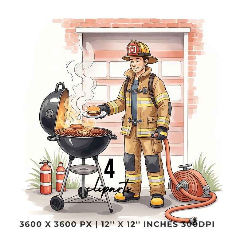 Firefighter BBQ Clipart: Grill Fireman PNG & JPG (12x12