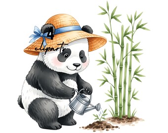 Watercolor Panda Clipart PNG: Bamboo Watering Can Illustration ( , Digital Download