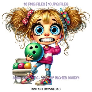 10 Crazy Quirky Blonde Girl Bowling Day PNG Clipart | Funny Bowling Ball Lady Cartoon | Happy Girl Bowling Art Sublimation Commercial Use