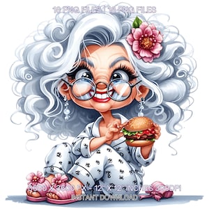 Crazy Grandma in Pijama Eating Burger Clipart | 18 PNG 18 JPG | Funny Cartoon White Old Lady | Whimsical Grandma Sublimation, Commercial Use
