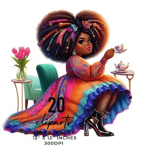 May include: A digital illustration of a Black woman with colourful hair sitting on a teal chair, wearing a colourful dress and black boots. She is holding a teacup and saucer in her right hand. There is a small table with a teapot on it behind her. The image is 3600 x 3600 pixels and 300 DPI.