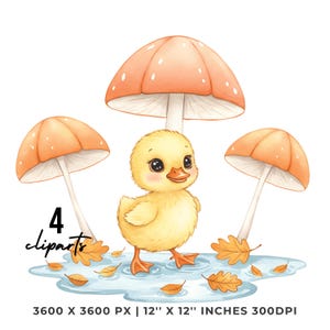 Duckling Clipart Set: Fall Umbrellas & Mushrooms (PNG JPG Digital Download, Commercial Use)