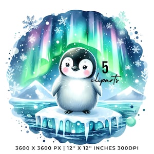 May include: A watercolor illustration of a cute penguin standing on an iceberg, set against a backdrop of the aurora borealis. The image includes the text "5 cliparts" and the dimensions "12" x 12" inches 300DPI". The penguin has a black head, white body, and pink cheeks.