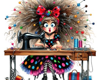 Sewing Girl Clip Art PNG: Watercolor Whimsical Junk Journal (Digital Download)