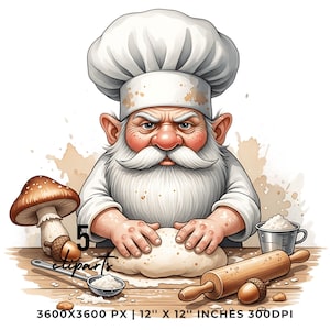 May include: An illustration of a gnome chef kneading dough on a wooden surface. The chef wears a white hat and uniform, with a long white beard and mustache. A rolling pin, acorns, and a mushroom are also present. The image is 12" x 12" inches.