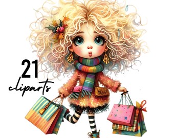 Quirky Shopping Girl Clipart: Watercolor PNG JPG (Digital Download)