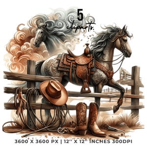 5 Cowboy Horse with Western Saddle, Cowboy Hat & Lasso | Watercolor Country Cowboy Things Clipart PNG Sublimation Designs PNG Commercial Use