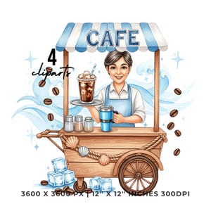 Barista Beach Cafe Clipart | Iced Coffee | Coffee Stand Illustration | Cafe Cart Art | Summer Coffee Clipart | 4 PNG & 4 JPG Commercial Use