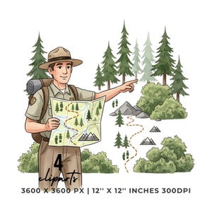 Park Ranger Clipart Bundle | Wanderkarte Wald | Outdoor Abenteuer Kunst | 4 PNG & 4 JPG | Digitale Aufkleber | 12 "x12" 300DPI Kommerzielle Nutzung