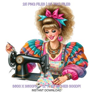 25 imágenes prediseñadas de chica costurera peculiares PNG / Mujer costurera de acuarela para crear tarjetas de diario basura, fantasía, sublimación caprichosa, uso comercial