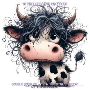 15 divertidas imágenes prediseñadas de vacas gruñonas / imágenes prediseñadas de vacas estresadas y extravagantes / imágenes PNG de ganado caprichoso para scrapbooking, diario basura, fabricación de tarjetas, uso comercial