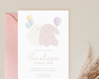 Pink Bunny Illustration Birthday Invitation • with envelopes