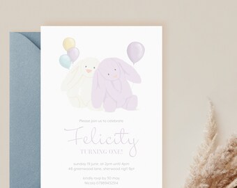 Lavender Bunny Illustration Birthday Invitations • with envelopes