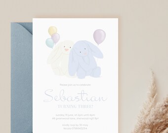 Blue Bunny Illustration Birthday Invitations • with envelopes