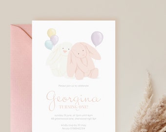 Blush Bunny Illustration Birthday Invitations • with envelopes