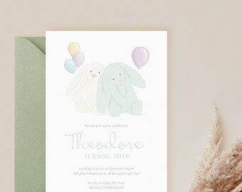 Mint Bunny Illustration Birthday Invitations • with envelopes