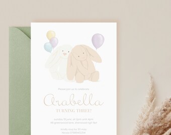 Tan Bunny Illustration Birthday Invitations • with envelopes