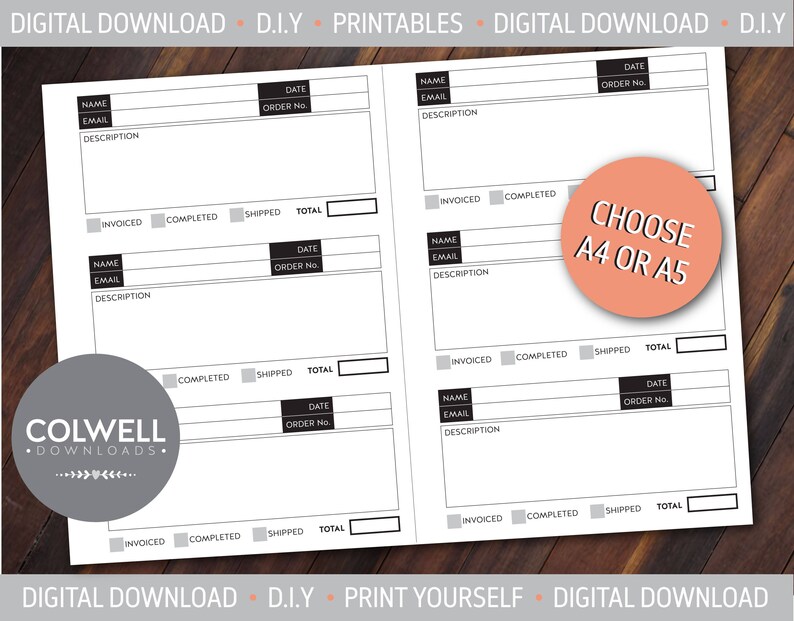 May include: Printable checklist for tracking orders. The checklist includes sections for name, email, description, date, order number, invoiced, completed, shipped, and total. The checklist is available in A4 or A5 sizes.