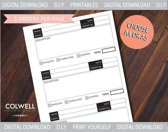 PRINTABLE ORDER FORM ~ 3 orders per page, black and white digital download A4 / A5 for small business home businesses, print your own book