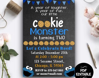 Cookie Monster Invite Digital, Cookie Monster Sesame Street Instant Download, Cookie Monster PDF Editable, Cookie Monster Editable Invite