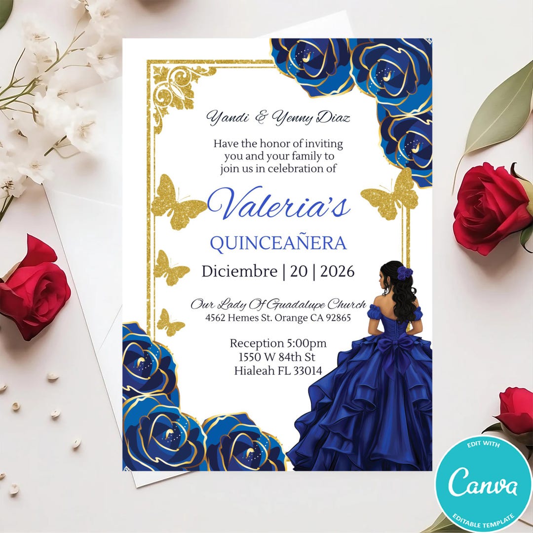Floral Royal Blue Quinceanera Invitation Gold Butterfly Canva Template