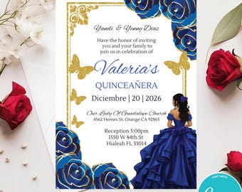 Floral Royal Blue Quinceanera Invitation: Gold Butterfly Canva Template (Digital Download)