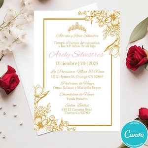 Elegant Gold Floral Princess Quinceanera Invitations Canva Template, Gold Floral Quince Invite Digital, Sweet Sixteen Canva Template AI-144