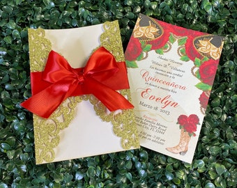 Gold Glitter Quinceanera Invitation: Red Ribbon, Laser Cut Charro Print