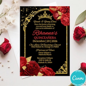 Red Roses Quinceanera Invitation Template: Gold Frame (Digital)