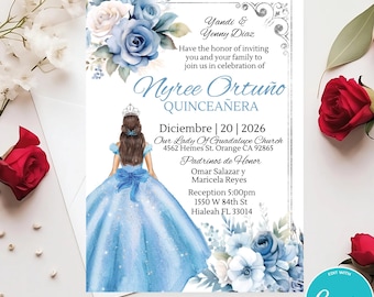 May include: A blue and white Quinceañera invitation with a watercolor illustration of a young woman in a blue gown and a crown. The text reads "Nyree Ortuño Quinceañera Diciembre | 20 | 2026 Our Lady Of Guadalupe Church 4562 Hemes St. Orange CA 92865 Padrinos de Honor Omar Salazar y Maricela Reyes Reception 5:00pm 1550 W 84th St Hialeah FL 33014"