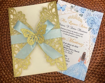Gold Glitter Laser Cut Quinceanera Invitation: Emerald Green Ribbon