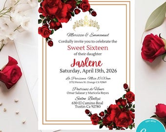 Red Roses Quinceanera Invitation Template: Gold Frame Floral (Digital)