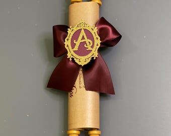 Burgundy & Gold Quinceanera Scroll Invitation: Wood Rod, Customized Colors