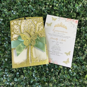 Gold Glitter Laser Cut Quinceanera Invitation: Sage Green Ribbon