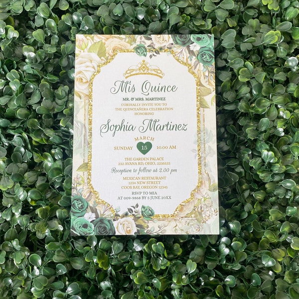 Pearl Printed Paper Quinceanera Invitation Emerald Green Invitation Green Roses Invitation Flowers Invite Shimmer Paper Invitation, Printing