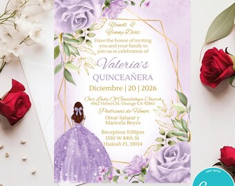 Lilac Floral Quinceañera Invitation Template: Gold Frame (Digital Download)