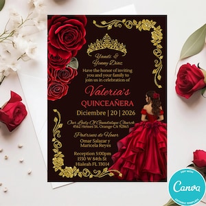 Red Roses Quinceanera Invitation Template: Gold Frame (Digital Download)