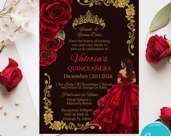 Digital Red Roses Flowers Quinceanera Invitation Template Red Floral Mis Quince 15 Birthday Gold Frame Quinceanera Digital Invitation AI-364