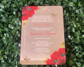 May include: A quinceañera invitation with a gold and pink background. The invitation features a floral design with red roses and butterflies. The text reads "Hoy estoy radiante de emoción y de alegría, hoy es el día soñado y esperado y con la compañía de todos mis seres queridos y amigos celebro mis quince años llena de sueños e ilusiones. Oxcar y Michelle Se complacen en invitarlos a celebrar los quince años de su hija Samantha Romero Sábado 20 de Enero 2024 Misa 12:00 pm Our Lady of Perpetual Help Church 8545 S. Norwalk Blvd Los Nietos, CA 90606 Recepción 5:00 pm 6047 East Olimpico Blvd Los Angeles, CA 90022 Comida 5:30pm a 7:30pm"